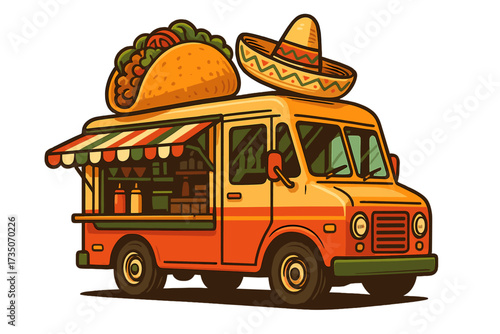 Retro Mexican food truck with taco and sombrero. Cartoon vector illustration for street food market. Commercial van for fast food business, festival isolated. Mobile kitchen.