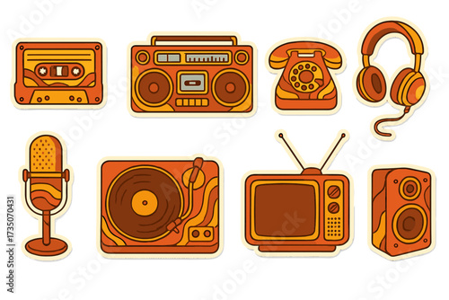 Retro groovy stickers collection with 70s and 80s vintage electronics. Old media technology set. Cassette, boombox, record player, tv, phone, microphone, headphones icon pack.