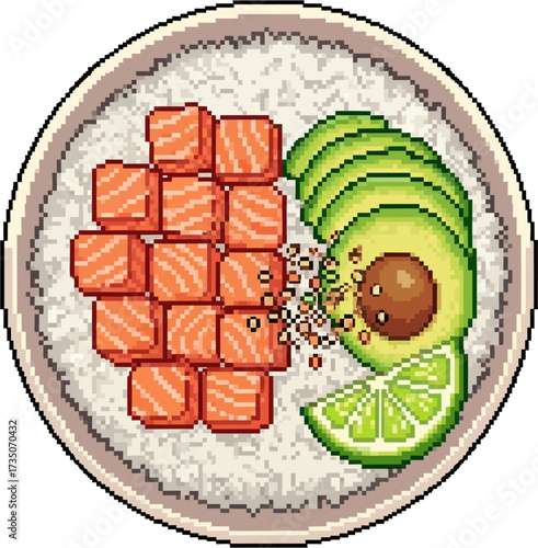Pixel art illustration of a poke bowl with salmon cubes, avocado slices, lime wedge, and rice in a round dish.