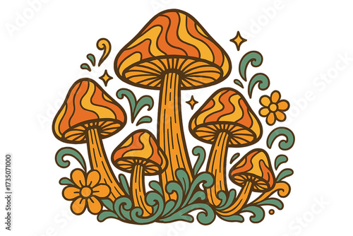 70s groovy mushrooms vector illustration. Retro hippie psychedelic art print. Magic mushroom bunch for poster. Hand drawn cartoon fly agaric. Flower power vintage sticker design.