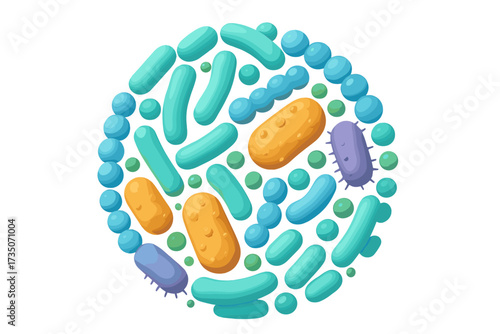 Microbiome 3D render concept. Probiotic bacteria like Bifidobacterium, lactobacillus, streptococcus. Good microorganisms for gut health and digestion. Intestinal flora vector.