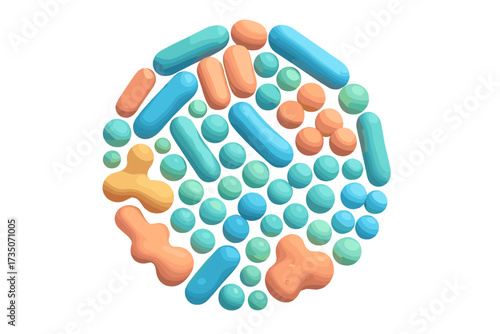 3D render microbiome concept. Probiotics, prebiotics elements. Bifidobacterium, lactobacillus, streptococcus. Gut flora bacteria vector illustration. Healthy digestion science background.