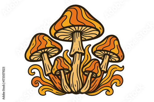 Retro 70s groovy magic mushroom bunch. Psychedelic hippie art in cartoon style. Hand drawn trippy psilocybin fungi illustration for tee shirt graphic or poster design vector.