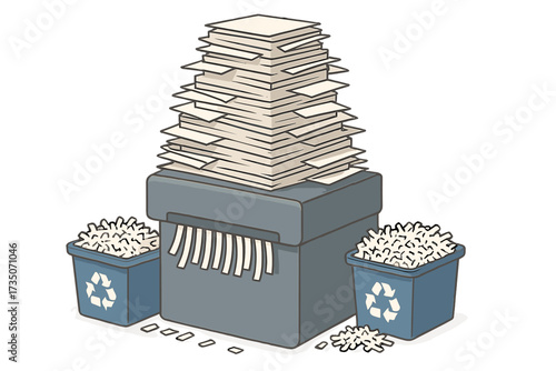 Huge stack of paper on a shredder. Office paperwork, document destruction, and recycling concept. Metaphor for bureaucracy, data security, and information overload.