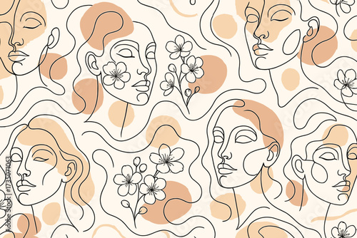 Abstract woman face seamless pattern. Female portrait in one line drawing style with cherry blossom. Modern minimalist continuous line art for beauty, fashion, or spa background.
