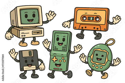 Retro 90s sticker pack. Set of vintage mascots. Old fashioned characters: computer, cassette tape, floppy disk, handheld game console and virtual pet. Nostalgia for 1990s.
