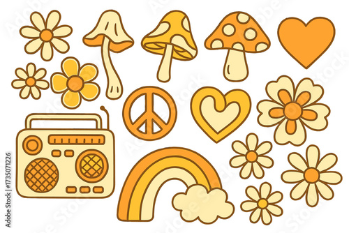 Retro 70s groovy elements set. Cute funky hippy stickers with linear daisy flowers, mushrooms, peace sign, heart, radio. Vintage hippie style positive symbols vector pack.