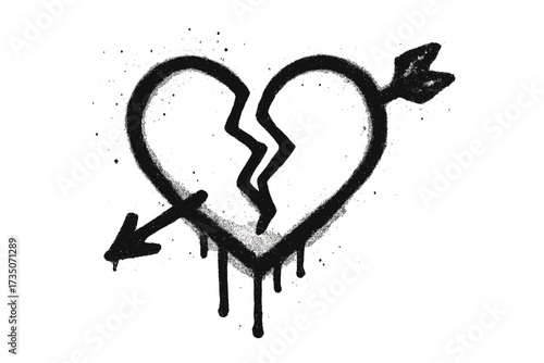 Broken heart with arrow graffiti. Black spray paint grunge style. Urban street art vector. Textured isolated heartbreak symbol. Sad love concept. Dripping ink illustration.