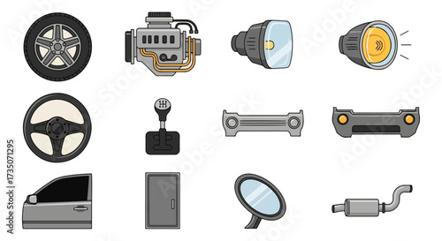 Car parts collection flat design illustration