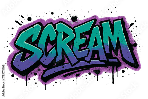 Scream graffiti lettering. Urban street art style word with spray paint effect. Grungy, retro 80s, 90s punk rock slogan for t-shirt print and poster design. Vector artwork.