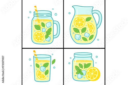 Set of lemonade vector illustrations. Collection of refreshing summer drinks with lemon, mint, and ice. Includes pitcher, mason jar, glass, and jar of cool citrus beverage.