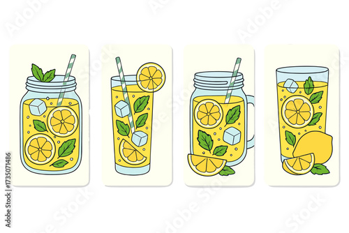 Lemonade vector set. Collection of refreshing summer drinks in mason jar and glass. Citrus cocktail with lemon, mint, and ice cubes. Homemade juice flat cartoon illustration.