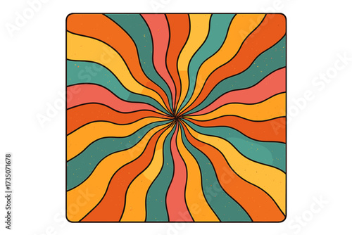 Colorful twirl retro sunburst psychedelic background. Vintage grunge 70s wavy backdrop. Groovy summer circus and carnival poster. Abstract hippie vector square illustration.