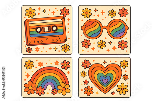 Set of groovy retro social media posts for LGBTQ Pride Month. 80s 90s Y2K aesthetic banners. Queer vintage cards with rainbow cassette, hippie flowers, heart and sunglasses.