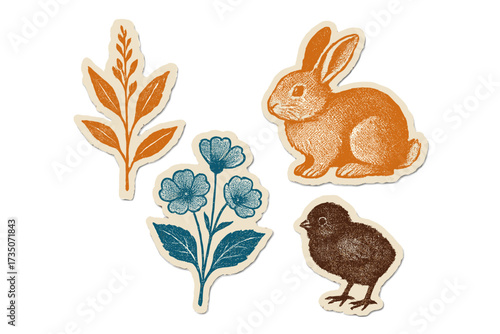 Retro spring sticker set with cutout paper effect. Vintage scrapbook elements with bunny, chick, and flowers. Halftone pop art style collage assets for Easter design.
