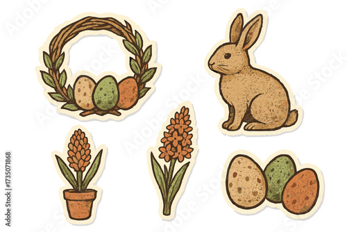 Easter sticker set. Vintage paper torn effect collection. Vector illustration of a rabbit, eggs, hyacinth flower, and wreath. Retro scrapbooking elements for holiday design.