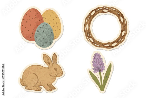 Easter sticker set with torn paper effect. Vintage collection of rabbit, eggs, wreath, and hyacinth flower. Retro scrapbook elements for spring holiday design and decoration.