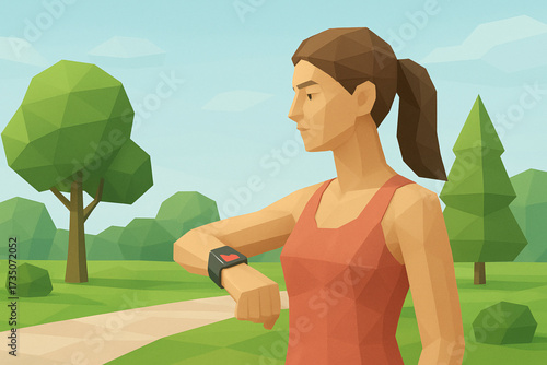 Low Poly Woman Checking Smartwatch for Fitness Tracking in Park