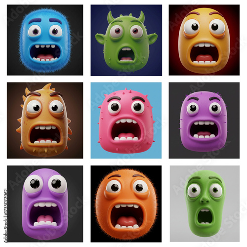 set of funny cartoon monsters with shocked face