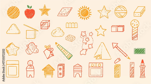 Kindergarten building blocks  stars, suns, and more. Perfect for educational materials and childrens designs.