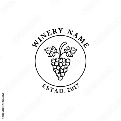 A black and white circular logo featuring a bunch of grapes with leaves, surrounded by text that reads "WINERY NAME" and "ESTD. 2017".