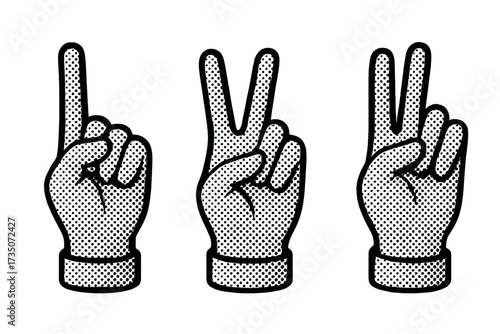 Hands counting one two three. Retro pop art halftone effect. Vector hand gestures set. Vintage comic style illustration. Peace sign, V sign, number one, pointing finger.
