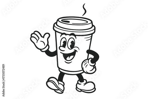 Funny retro coffee paper cup character. Cool mascot drink in nostalgic 60s style. Cartoon personage for a coffee shop or cafe menu. Monochrome vector contour illustration.