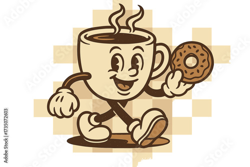 Retro cartoon coffee cup character with donut. Groovy mascot in 1930s vintage style walking on checkered background. Good morning concept for cafe, bakery, or coffee shop.