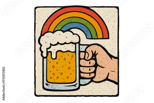 Hand holding beer mug with rainbow. Retro cartoon vector for pride month. Y2k zine collage style. LGBTQ celebration, party, cheers concept. Isolated comic illustration.