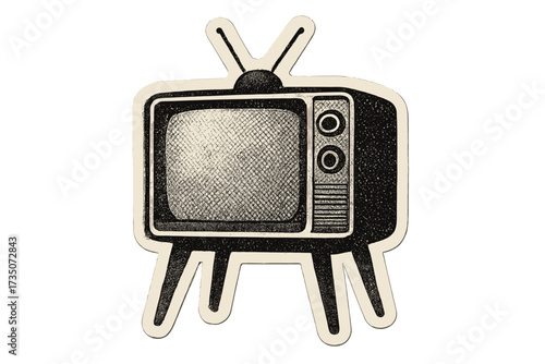 Retro television on legs with halftone texture. Vintage TV paper sticker collage element. Vector dotted illustration for a grunge 80s design. Old cartoon TV set concept.