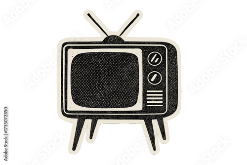 Halftone retro television device on legs. Vintage TV paper sticker collage element. Vector dotted illustration of grunge 80s design. Old media technology cartoon icon symbol.