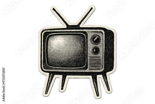 Retro television halftone illustration. Vintage TV on legs paper sticker collage element. Old media device concept. Vector dotted grunge 80s or 90s design for nostalgia.