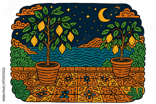 Lemon trees on a balcony with Italian tiles. Mediterranean night sea coast view. Vintage hand drawn vector illustration. Summer vacation travel concept. Cartoon doodle style.
