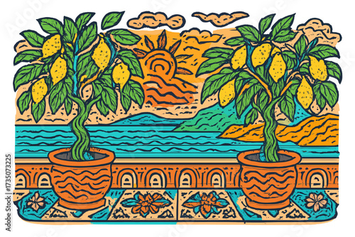 Lemon trees in pots on Italian tiles overlooking the Mediterranean sea. Vintage summer vacation illustration. Hand-drawn vector in a groovy, decorative, doodle art style.