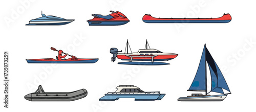 Various recreational watercraft illustration against black background