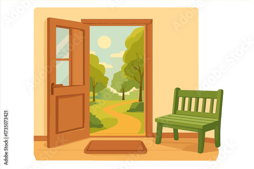 Open door into summer nature landscape. Metaphor for new life, opportunity, hope, freedom. Path to future. Sunny day view. Home hallway interior with bench. Welcome concept.