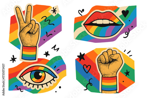 Pride Month retro collage sticker set. Vintage halftone hand peace sign, protest fist, rainbow lips, eye. Cut out paper elements for LGBTQIA+ community event decoration.
