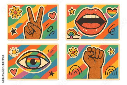 LGBTQ Pride Month retro sticker set. Groovy 70s collage with rainbow flag. Peace hand, protest fist, love heart. Vintage hippie vector illustration for gay parade event.