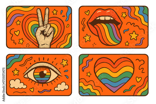 Pride Month retro groovy collage set. LGBTQ vintage 70s style banners with rainbow heart, peace hand, eye and mouth. Psychedelic paper cut out elements for queer event decoration.