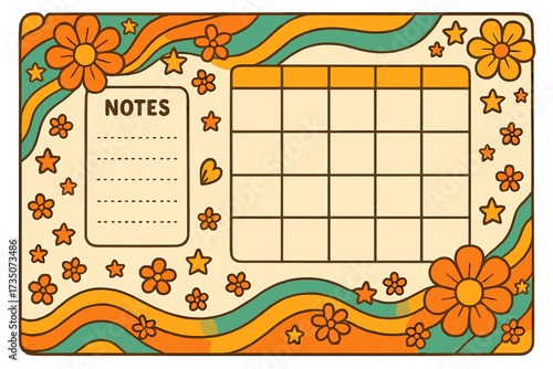 Groovy 70s retro weekly planner template. Printable A4 organizer for time management. Hippie style stationery with hand drawn flowers and stars. Schedule and notes sheet.