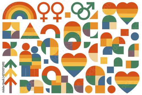 LGBTQ pride month vector icon set. Vintage Bauhaus style geometric shapes, rainbow hearts, and gender symbols. Abstract pattern for human rights and equality movement celebration.