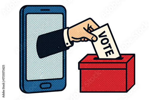 Remote electronic voting vector concept. Online elections via smartphone. Halftone illustration of a hand coming from phone screen putting a vote into a ballot box. E-voting.