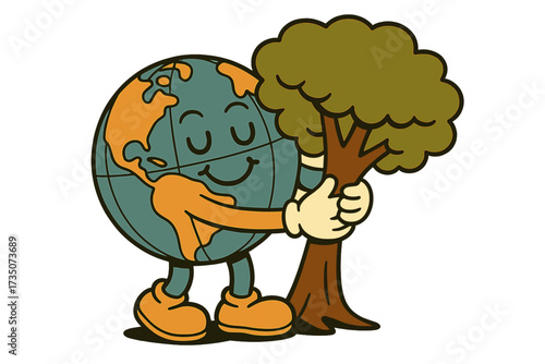 Earth Day retro cartoon mascot. Globe character hugging a tree. Save the planet and environment conservation concept. Eco friendly groovy vintage vector for ecology and nature.