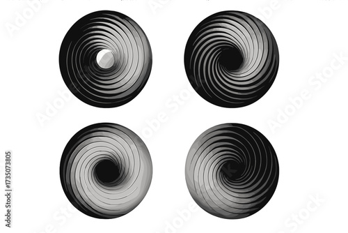 Set of four monochrome abstract rotating circles. Hypnotic spiral illusion with 3D effect. Futuristic modern design elements for posters, backgrounds. Geometrical round shapes.