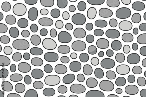 Hand drawn cobblestone seamless pattern. Simple pebble stone texture on white background. Flat cartoon vector illustration. Grey monochrome abstract backdrop for wallpaper or fabric.
