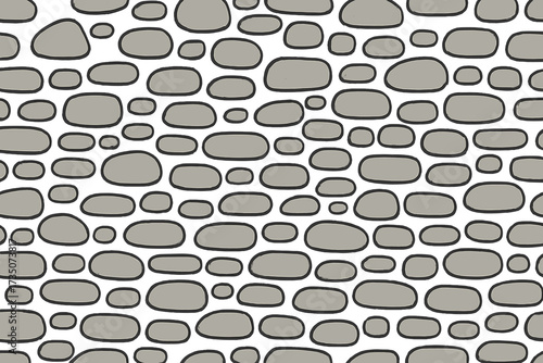 Seamless pattern with simple pebble cobblestone on white background. Hand drawn isolated flat vector illustration. Cartoon rock texture for paving, wall decor or wallpaper design.