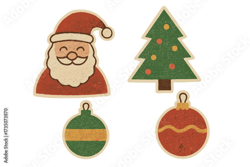 Set of Christmas halftone collage elements. Vintage paper clipping shapes. Naive childish stickers with retro dotted texture. Santa Claus, tree, baubles. Grunge holiday decoration.