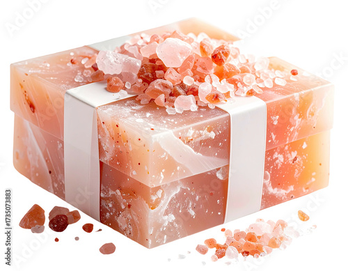 Salt block gift with ribbon and pink crystals on top. Isolated on black