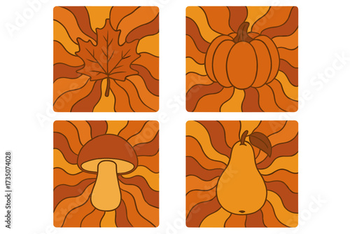 Set of fall season elements. Groovy autumn retro 70s collection. Psychedelic background with pumpkin, leaf, mushroom, pear. Hippie vintage 60s vector illustration.