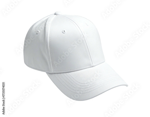 A pristine white baseball cap, angled, with a curved visor, against a black background